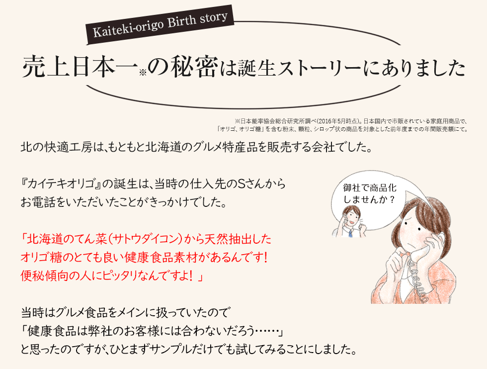 売上日本一の秘密は誕生ストーリーにありました。北の快適工房は、もともと北海道のグルメ特産品を販売する会社でした。『カイテキオリゴ』の誕生は、当時の仕入先のSさんからお電話をいただいたことがきっかけでした。「北海道のてん菜（サトウダイコン）から天然抽出したオリゴ糖のとても良い健康食品素材があるんです！