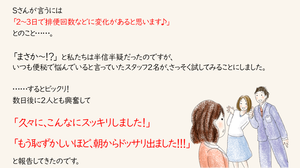 当時はグルメ食品をメインに扱っていたので「健康食品は弊社のお客様には合わないだろう……。」と思ったのですが、ひとまずサンプルだけでも試してみることにしました。Sさんが言うには「2~3日で排便回数などに変化があると思います♪」とのこと……。「まさか~!?」 と私たちは半信半疑だったのですが、いつも便秘で悩んでいると言っていたスタッフ2名が、さっそく試してみることにしました。……するとビックリ!数日後に2人とも興奮して「久々に、こんなにスッキリしました!」「もう恥ずかしいほど、朝からドッサリ出ました!!!」 と報告してきたのです。